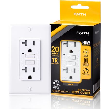 Faith Self-Test 20A TR GFCI Outlet Receptacle with Wall Plate, White GLS-20ATR-WH